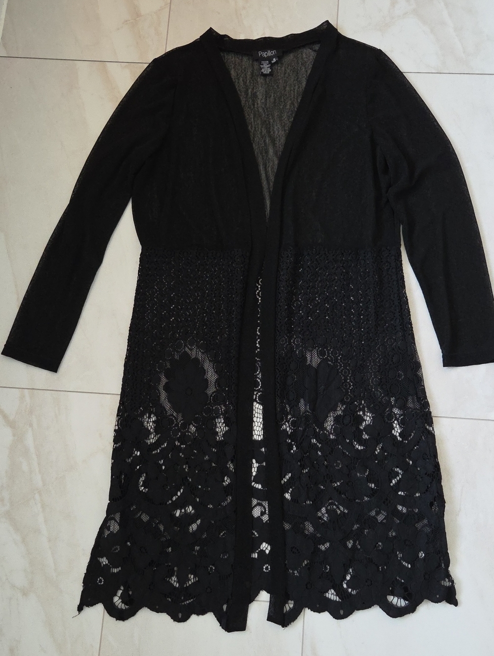 Papillon Blanc Black Lace-Panel Open Front Cardigan
